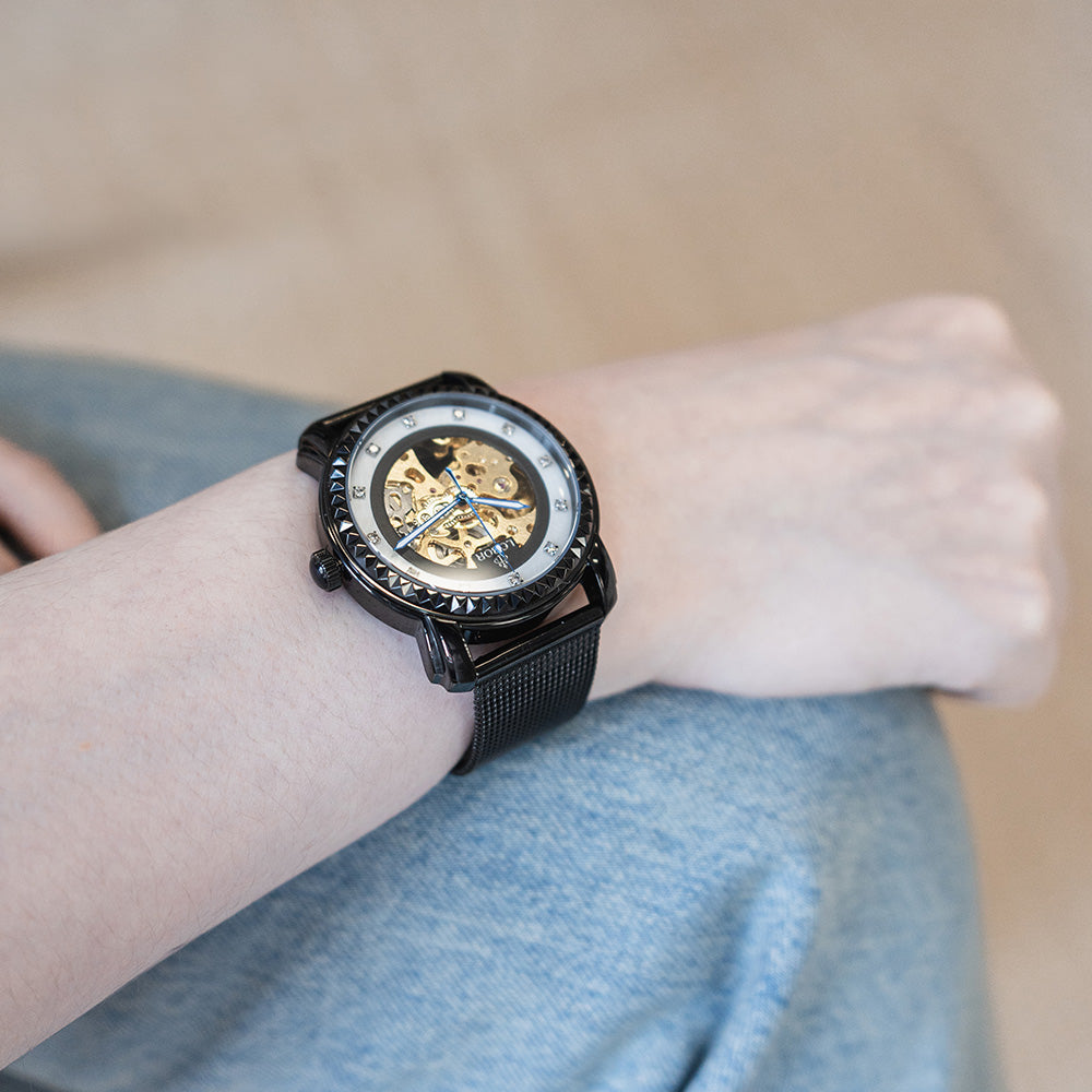 Black skeleton automatic watches for men