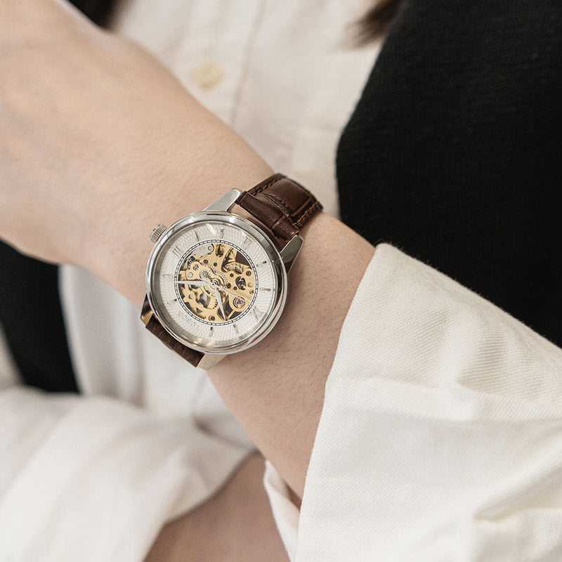 Brown skeleton watch for women