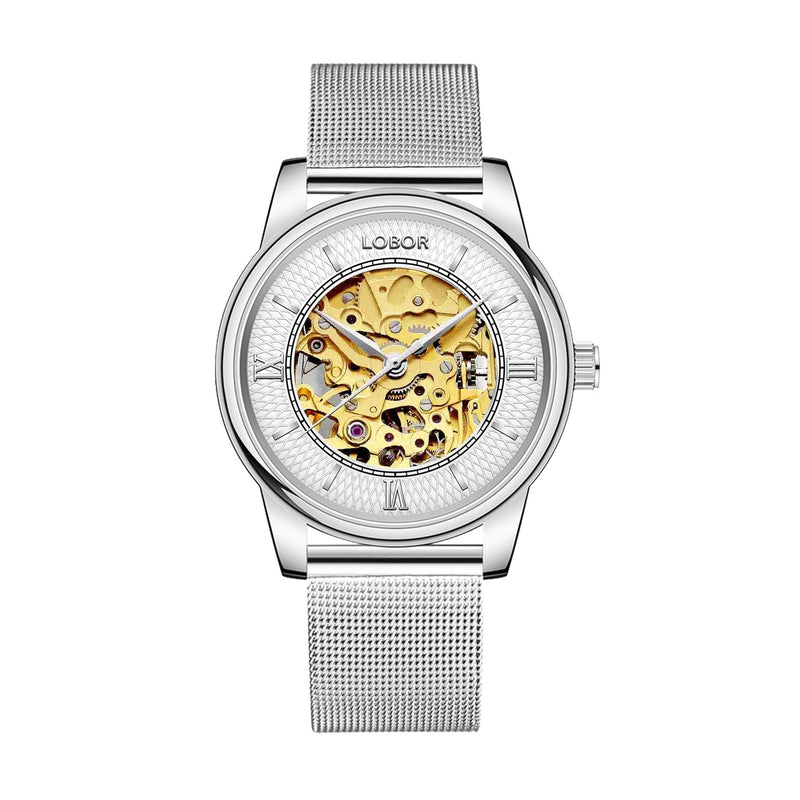 Silver skeleton watch for women