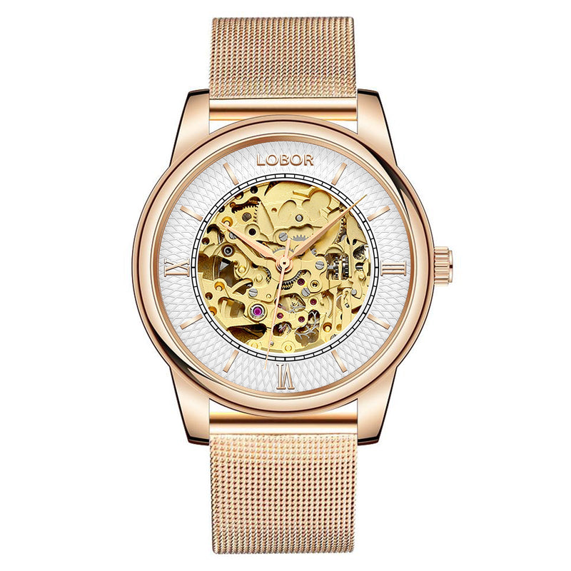 Rose gold skeleton watch for men