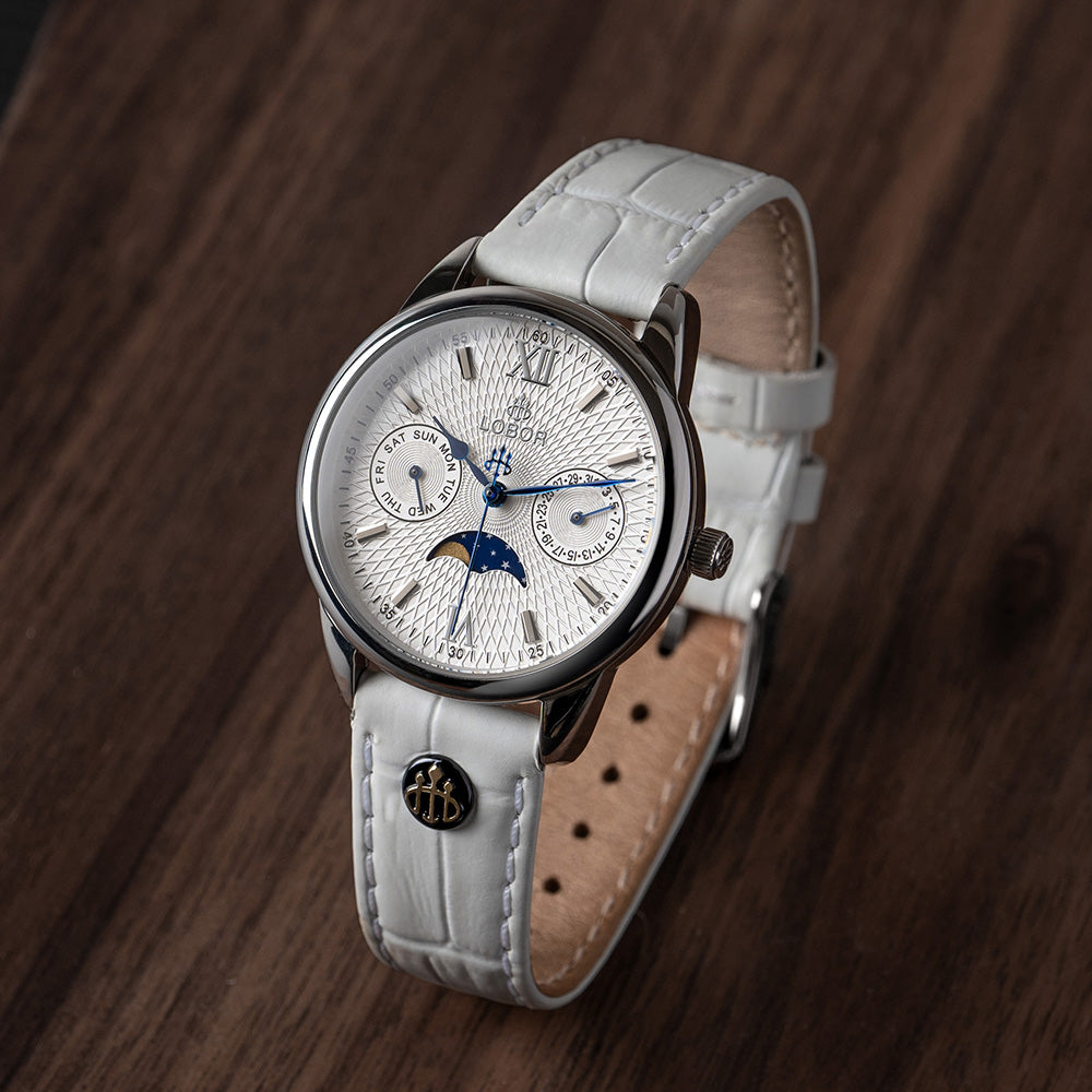 Equinox White 33mm | Affordable Moonphase Watches | LOBOR Watches