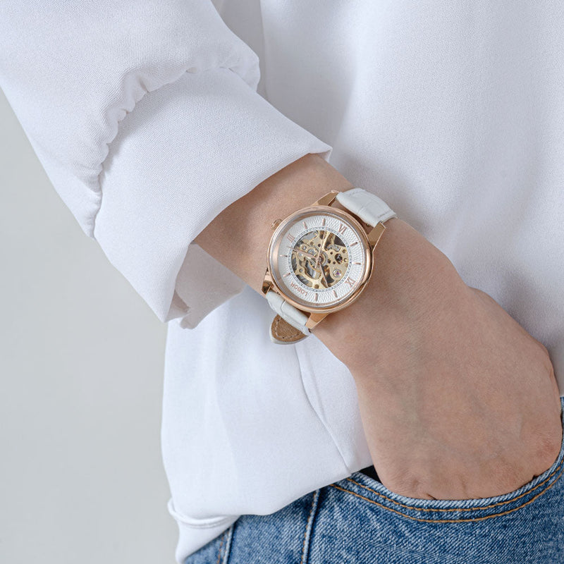 White skeleton watch for women