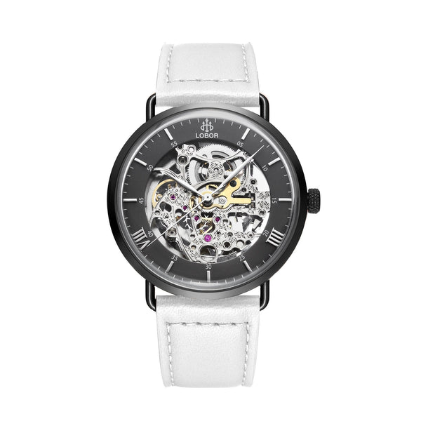 White skeleton watch