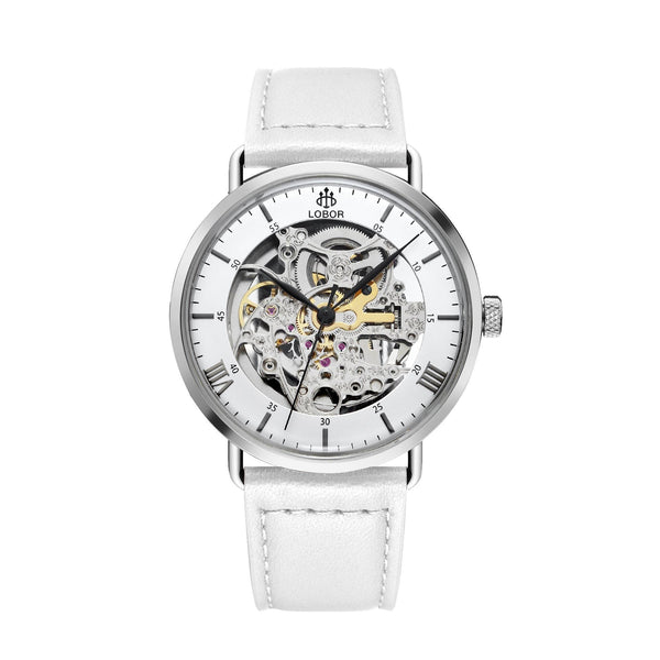 White skeleton watch